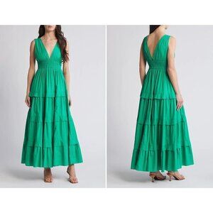 New Chelsea28 Size L V-Neck Tiered Maxi Dress Green Bright